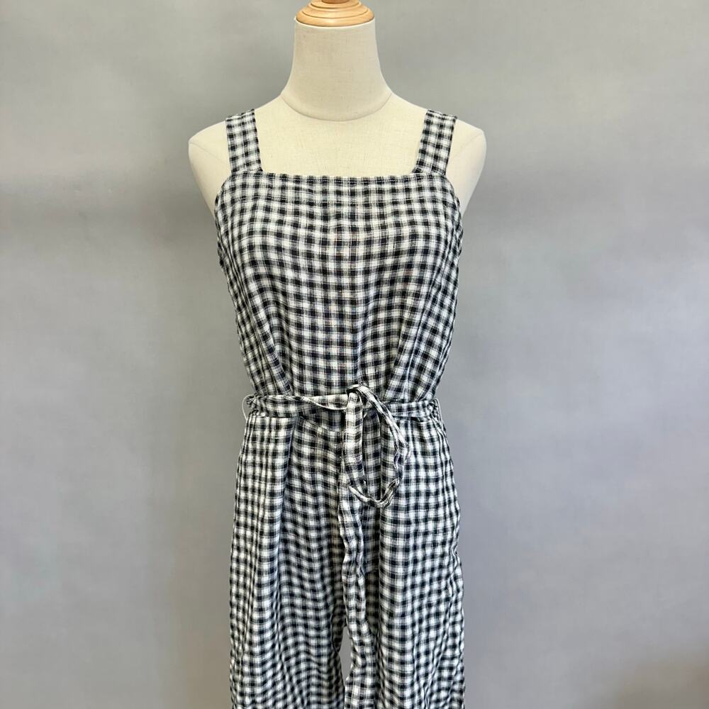 Quince European Linen Square Neck Jumpsuit in‎ Khaki/Black Gingham Medium NWT - Picture 7 of 16